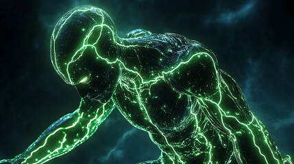 Close-up of a futuristic human with glowing cybernetic veins and bioluminescent skin 