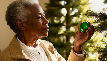 Senior african american woman decorating a christmas tree. Elderly person holding a green holiday ornament. Festive season tradition at home