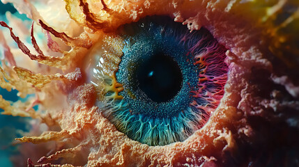 Close-up of a human eye transformed into a multicolored digital lens 