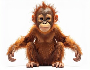 Adorable Baby Orangutan Posing on White Background, Close-Up.