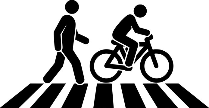 Pedestrian and Bicycle Crossing: A simple yet powerful icon representing a person walking and pushing a bicycle across a crosswalk. Emphasize safe pedestrian and cyclist interaction.
