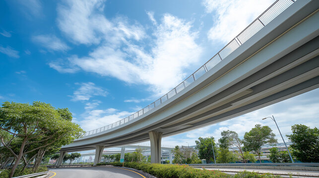 Curved highway overpass with modern architectural design, urban infrastructure photography, transportation network system, concrete structure engineering, city transit route, conte