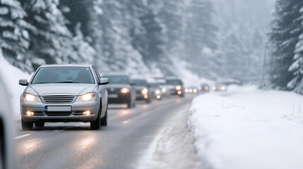 Fototapeta premium Multiple cars driving during snowy wet conditions on winter road, adverse weather transportation, challenging driving environment, winter travel safety, precipitation conditions, s