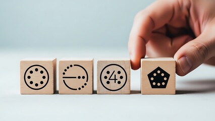 Hand arranging wooden blocks with abstract symbols representing concepts like time fractions and geometry on a light background focus on learning