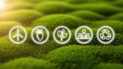 Ecological symbols on mossy ground representing sustainability and environmental awareness