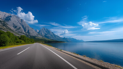 Lake view mountain landscape with asphalt road foreground under azure sky, mountain range horizon line, scenic route photography, alpine environment, water body vista, natural beau
