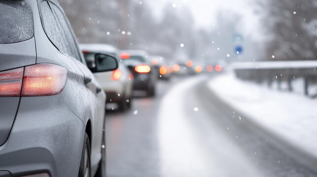 Multiple cars driving during snowy wet conditions on winter road, adverse weather transportation, challenging driving environment, winter travel safety, precipitation conditions, s