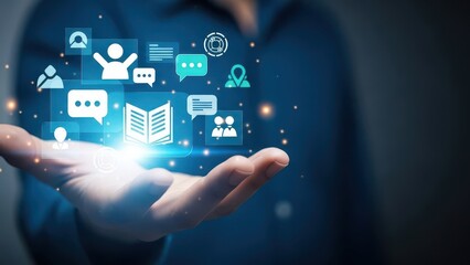 Hand holding glowing social media icons digital communication and connection concept
