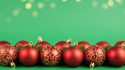 A festive collection of shiny red christmas ornaments with intricate patterns and smooth surfaces arranged on a vibrant green background with bokeh lights