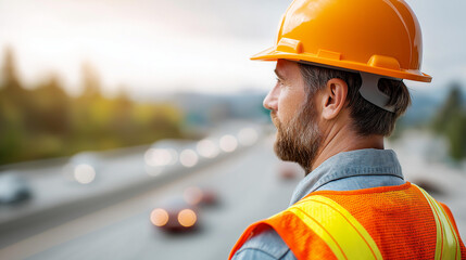 Faceless construction worker wearing protective hardhat and reflective high-visibility vest, currently working on high-speed highway construction location, infrastructure developme