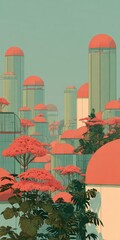 Futuristic urban landscape with colorful vegetation and structures