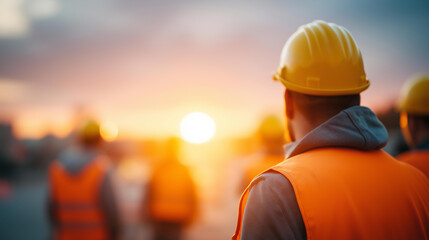 Faceless construction workers wearing high-visibility vests at sunset, team of road engineering professionals in safety gear collaborating outdoors, teamwork concept, infrastructur