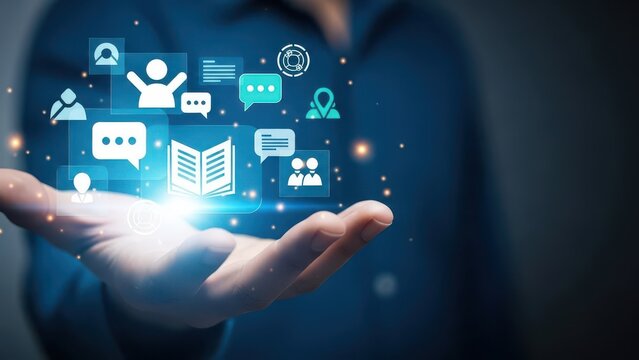 Hand holding glowing social media icons digital communication and connection concept