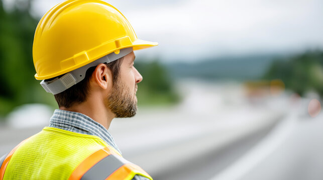 Faceless construction worker wearing protective hardhat and reflective high-visibility vest, currently working on high-speed highway construction location, infrastructure developme - Powered by Adobe