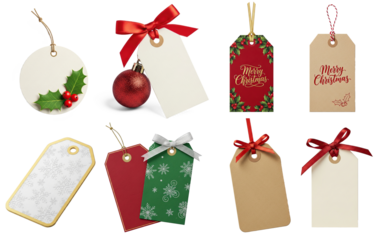 Collection of Christmas gift tags with red ribbons and holly leaves.