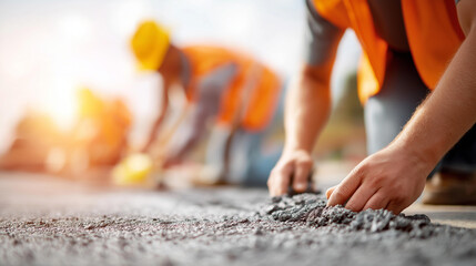 Faceless road construction workers' teamwork, tarmac laying operations at construction site, hot asphalt gravel leveled by workers, road surface repair procedures, infrastructure m