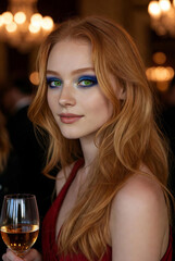 Stylized artistic portrait of a red-haired woman at an elegant event, with vivid makeup and softened cinematic lighting. Conceptual visualization of beauty and emotion.