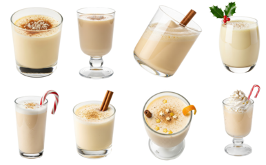 A collection of various glasses filled with a creamy, frothy beverage, garnished with cinnamon sticks, a sprig of holly, and a candy cane.
