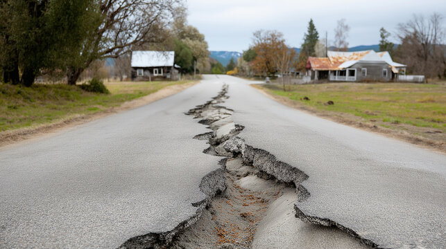 Rural asphalt road showing collapse and segregation damage from non-standard construction methods, infrastructure safety concerns highlighted, pavement failure, structural integrit