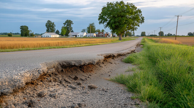 Rural asphalt road showing collapse and segregation damage from non-standard construction methods, infrastructure safety concerns highlighted, pavement failure, structural integrit