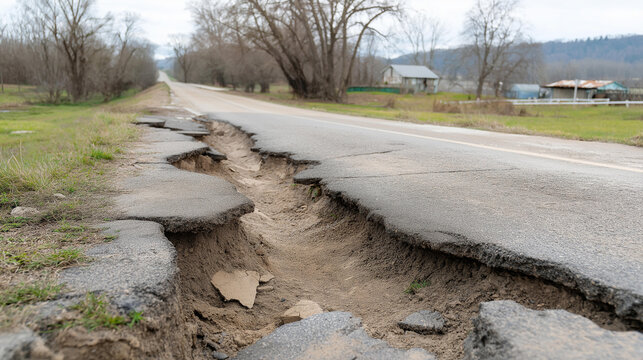 Rural asphalt road showing collapse and segregation damage from non-standard construction methods, infrastructure safety concerns highlighted, pavement failure, structural integrit