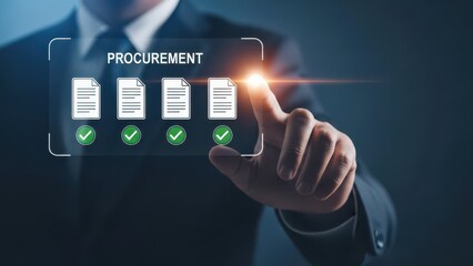 Businessman interacting with digital procurement documents and security icons in a virtual environment