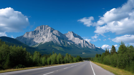 Naklejka premium Highway leading toward mountain range destination, alpine route, scenic mountain approach, elevated terrain travel, natural landscape journey, wilderness transportation corridor, p
