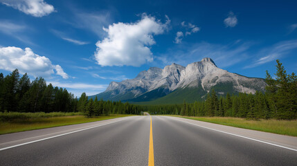 Naklejka premium Highway leading toward mountain range destination, alpine route, scenic mountain approach, elevated terrain travel, natural landscape journey, wilderness transportation corridor, p