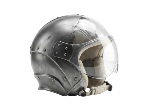Futuristic metallic helmet reflecting themes of protection and vulnerability on transparent