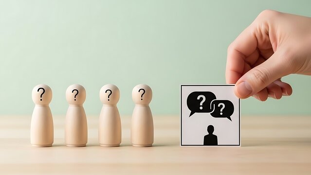 Choosing the right answer hand placing card with question marks near wooden figures with questions on heads representing decision making