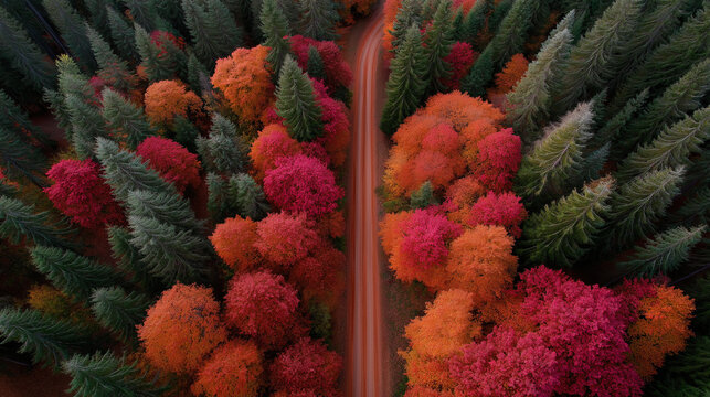 Forest road in middle of woodland with red and orange autumn foliage trees, beautiful landscape perspective from aerial drone view, nature photography, seasonal colors, fall scener