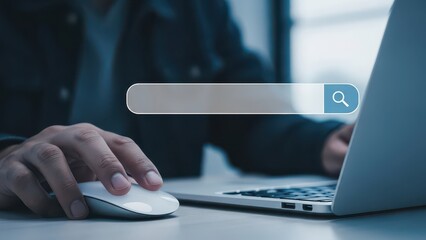 Searching the internet man using laptop and mouse with search bar overlay
