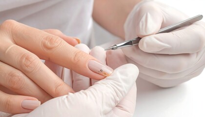 Close-up of a manicure session. A pair of gloved hands is carefully working on a client's fingernails using a small tool