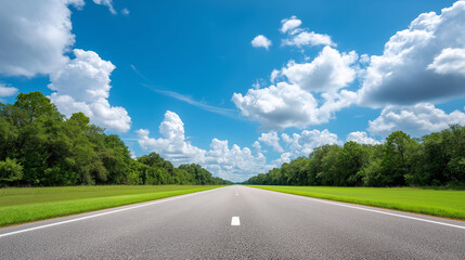 Asphalt highway flanked by lush green tree lines under bright azure sky with fluffy white clouds, scenic route photography, natural corridor, summer driving conditions, perfect wea