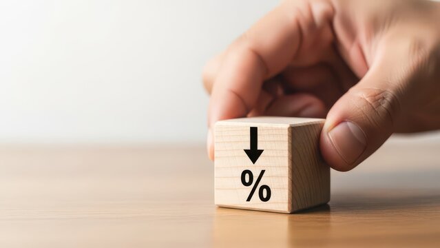 Hand placing wooden block with downward arrow and percentage sign on table
