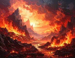 Dramatic landscape illustration with fiery mountains and intense orange sky
