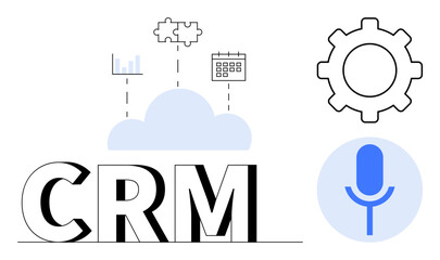 Business management, system integration, cloud computing, data analysis, automation, voice technology. Features CRM text, cloud with icons gear and microphone symbol. Business management and system