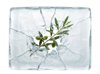 Olive branch encased in ice symbolizing paused resolution on transparent background