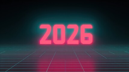 Futuristic depiction of the year 2026 in neon colors