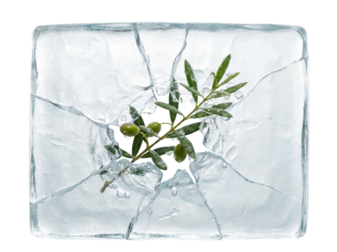 Olive branch encased in ice symbolizing paused resolution on transparent background
