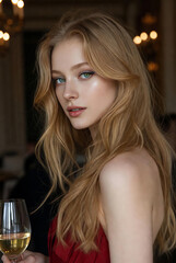 Stylized artistic portrait of a red-haired woman at an elegant event, with vivid makeup and softened cinematic lighting. Conceptual visualization of beauty and emotion.