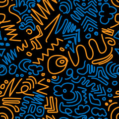 A seamless pattern with hand-drawn blue and orange doodles forming a scribbled abstract ornament on a dark background. Vector illustration for your designs.