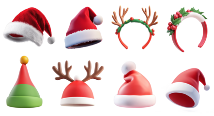 Christmas hats and headbands with red and white colors, featuring reindeer antlers and holly leaves, png transparent