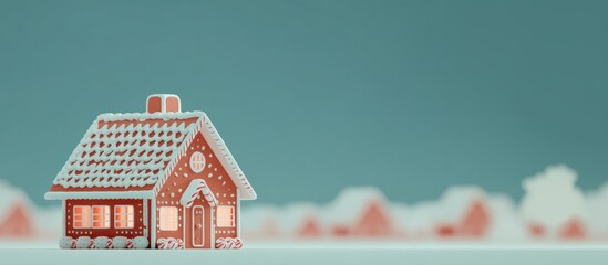 Gingerbread house decoration on a winter-themed background