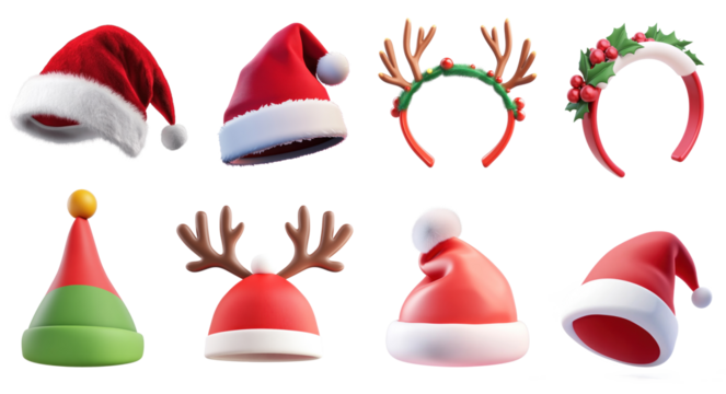 Christmas hats and headbands with red and white colors, featuring reindeer antlers and holly leaves, png transparent - Powered by Adobe