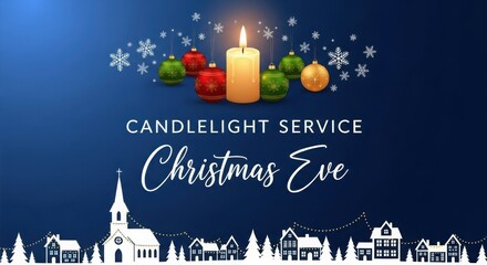 Christmas eve candlelight service with festive decorations and village silhouette