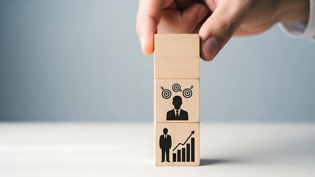 Wooden blocks depicting career growth and success a hand places the final block to symbolize achievement and professional development