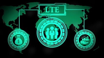 Global L T E network connectivity with financial and business icons global network world map