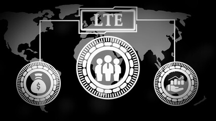 Global L T E network connectivity with financial and business icons global network world map 1