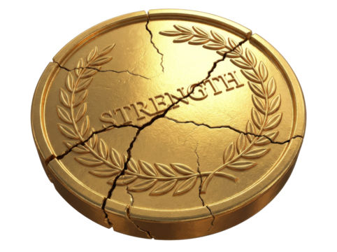 Cracked gold medal representing fragile success on transparent background